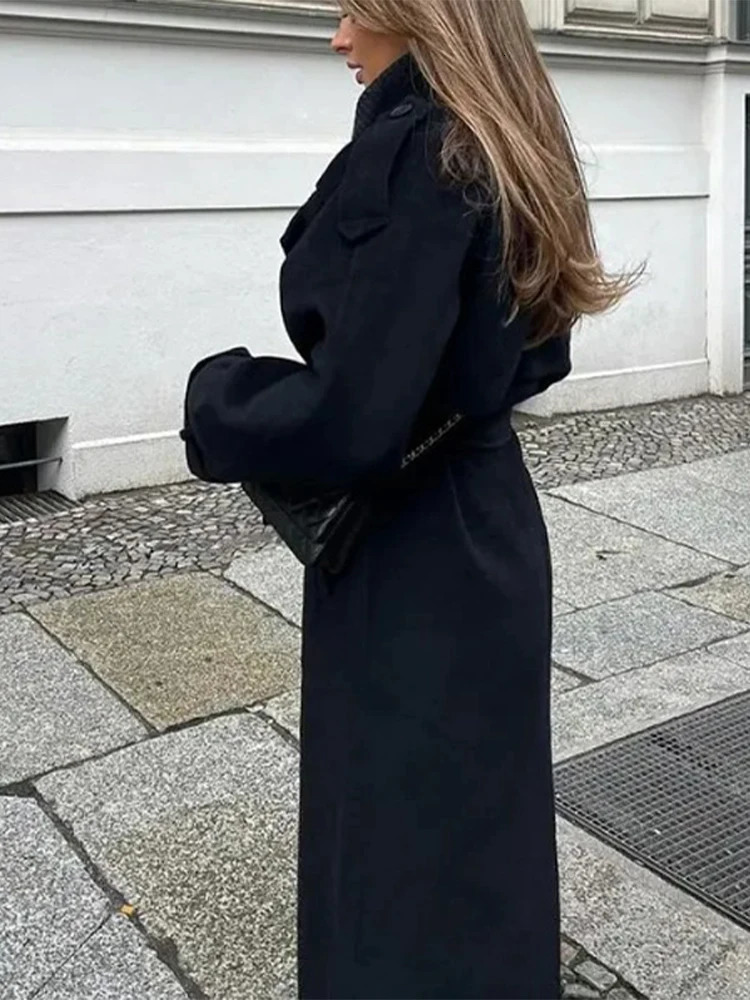 Fashion Belt Woolen Long Coat For Women Loose Lapel Sleeve Double Breasted Autumn Winter Overcoat Streetwears 251028