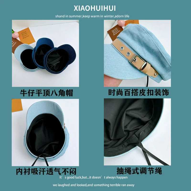 New Blue Denim Flattop Beret Womens Spring and Autumn Retro Versatile Leather Buckle British Sunshade Casual Newsboy Cap