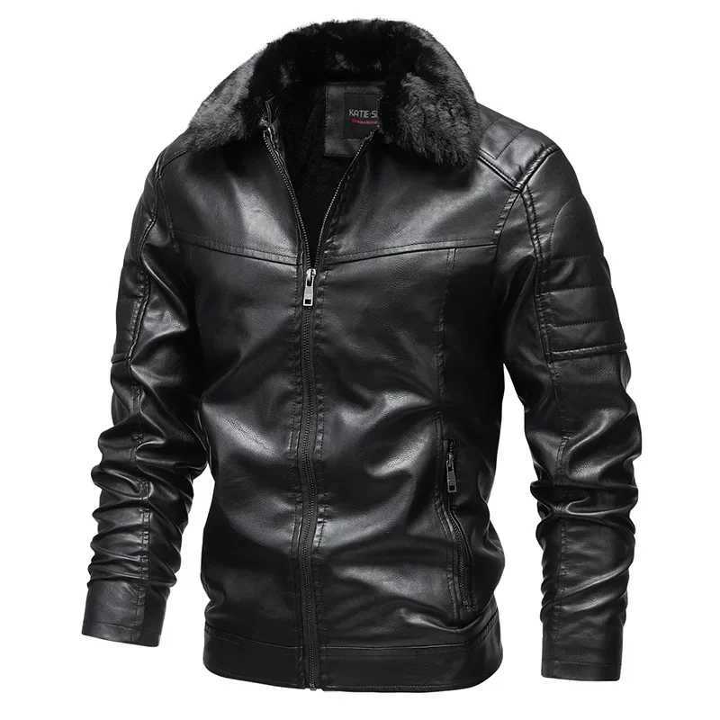 Mens Leather Jacket New Lapel Fur Collar Removable Mens Pu Leather Biker Jacket Plus FleeceT251029