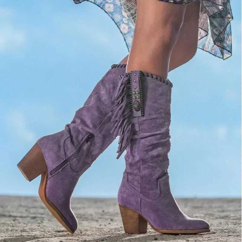 Retro Womens High Heel Boots Metal Buckle Pointed Toe Thick Heel Tassel Western Cowboy Women Boots 2025 Large Size Womens Shoes Z251029
