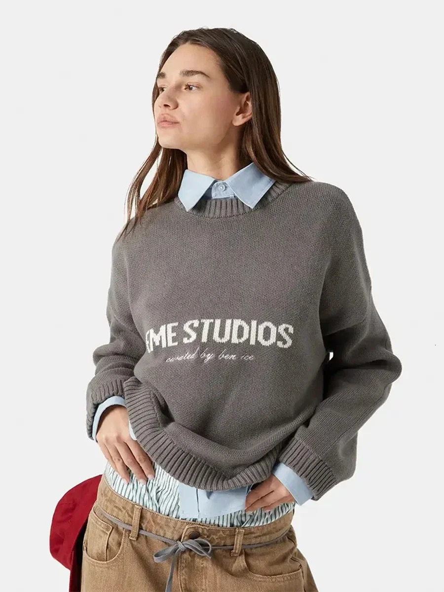 Wolfeel Womens Autumn Winter Knit Pullover Sweater Loose Fit Lazy Style Crew Neck Yellow Embroidery Jumpers 251029