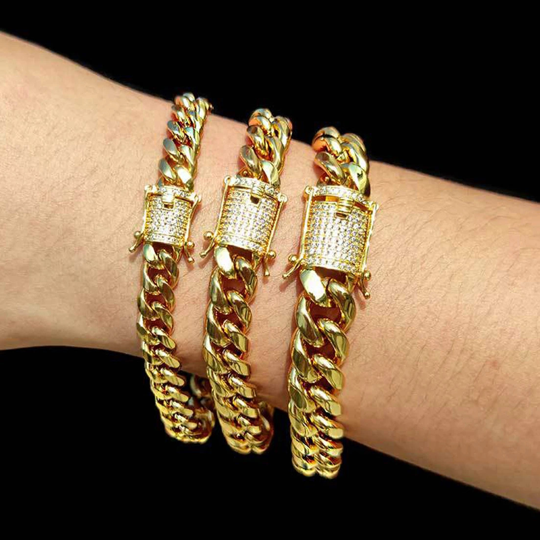 Arrival 81012141618mm Stainless Steel Miami Curb Cuban Chain Crystal Bracelet Casting Lock Clasp Mens Link jewelry 251028
