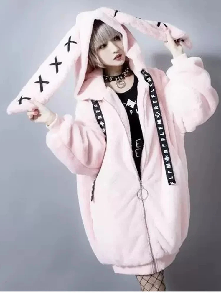 Lautaro Autumn Oversized Sweet Cute Soft Purple Black Faux Fur Coat Women with Bunny Ears Kawaii Loose Fluffy Jacket Hoodie 251029