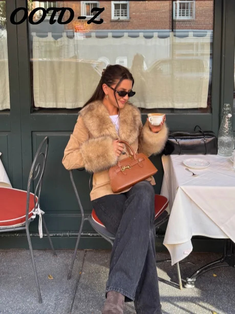 Stylish Faux Fur Patchwork Jacket Women Solid Lapel Long Sleeve Button Pocket Female Coat 2025 Autumn Winter Casual Lady Outwear 251029