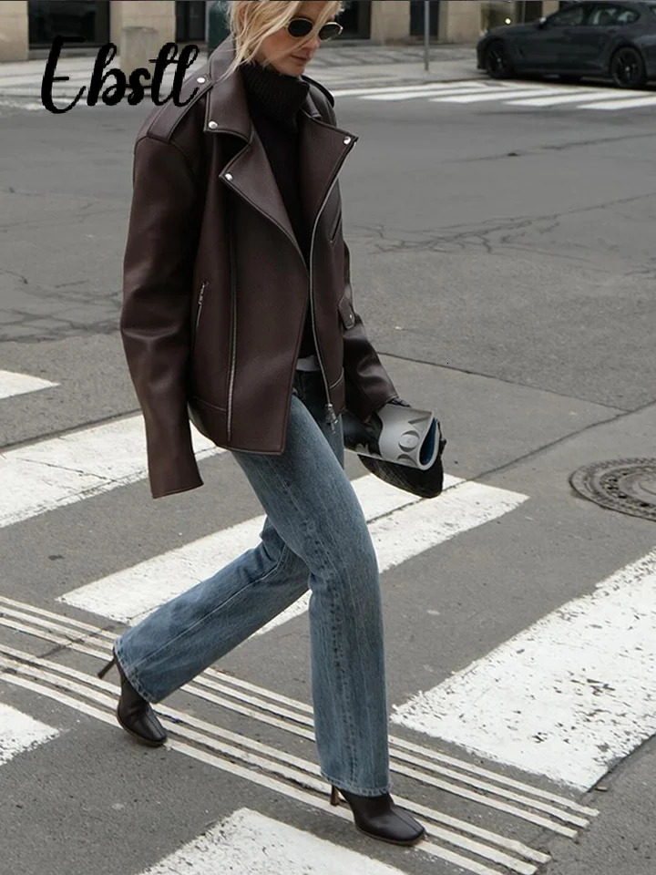 High Street Zippers Leather Jackets Women Lapel Long Sleeve Pockets Buttons Jacket 2025 Autumn Female Locomotive Outwear 251029
