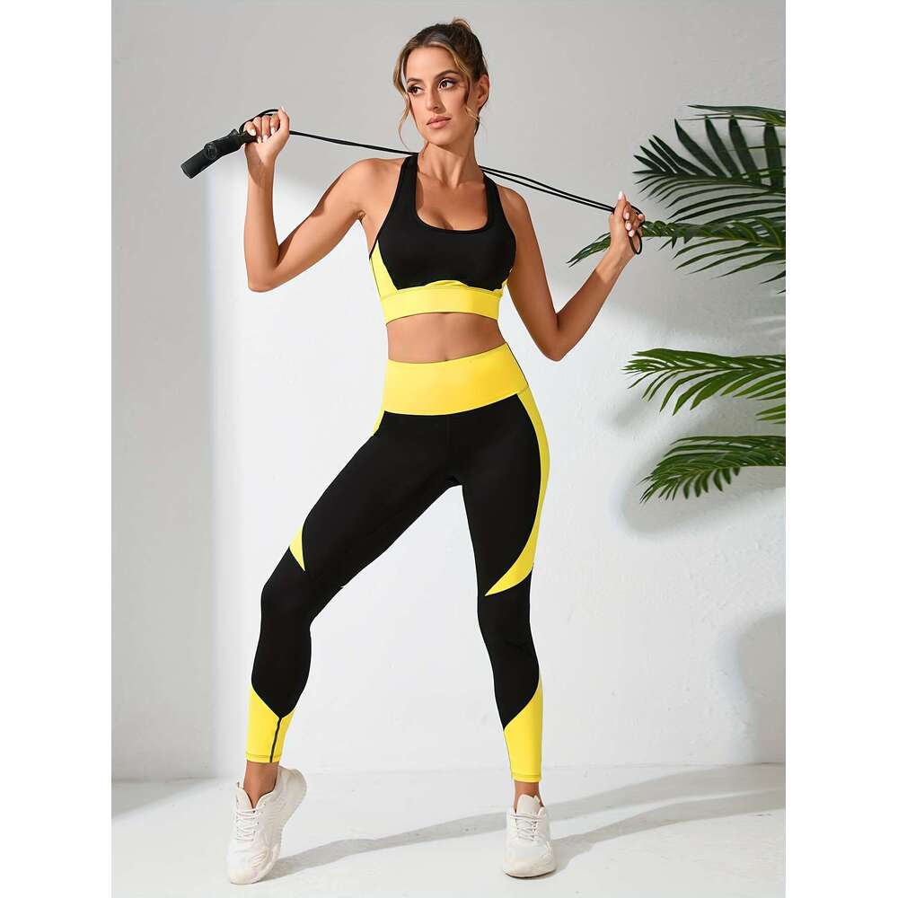 Fiess Training Pants Yoga Bra Set, Waist High Elasticity Hip-lifting Slimming Tight Leggings, Women's Sports Underwear 2pcs Set