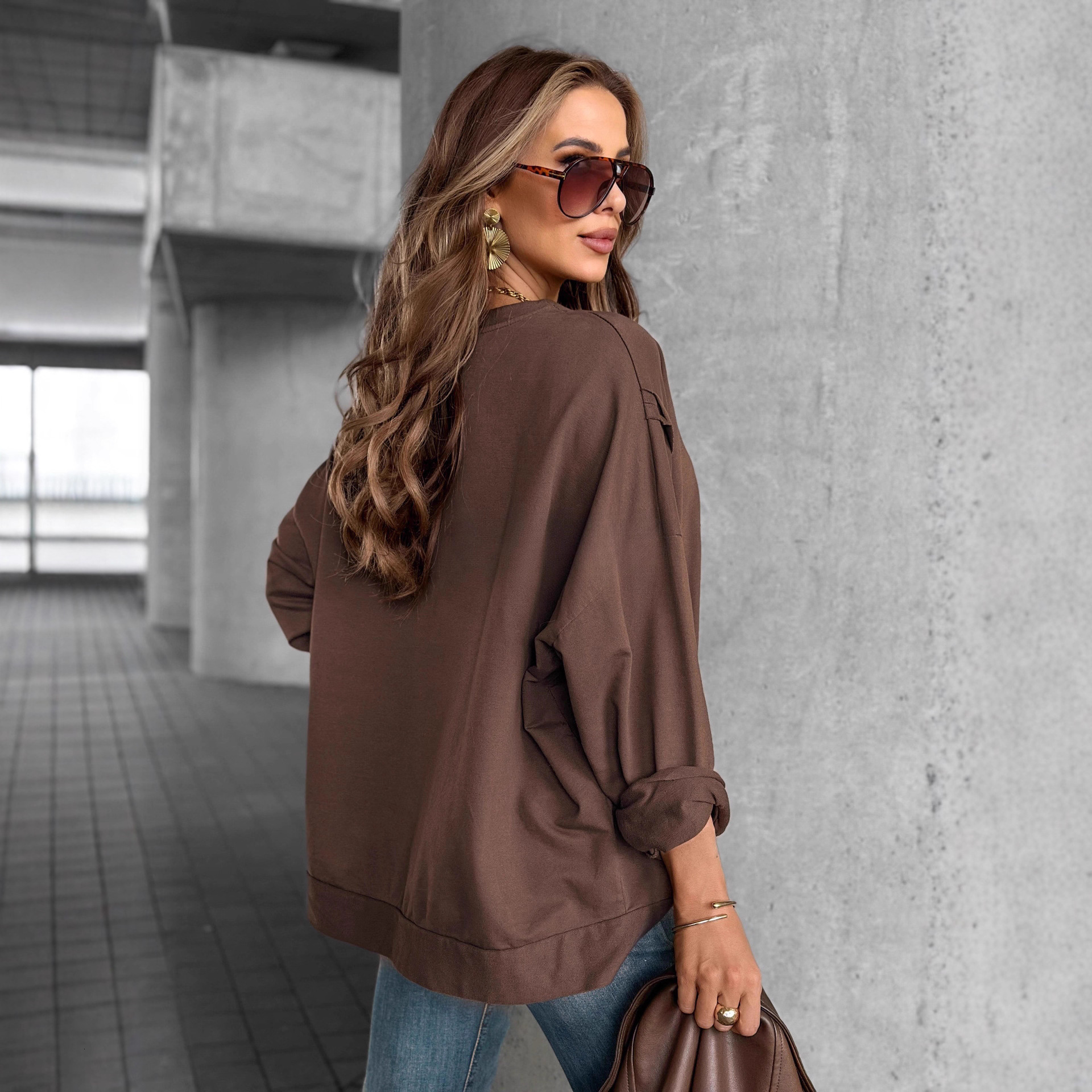 European and American style designer autumn new hot selling round neck rhinestone long sleeved sportswear top