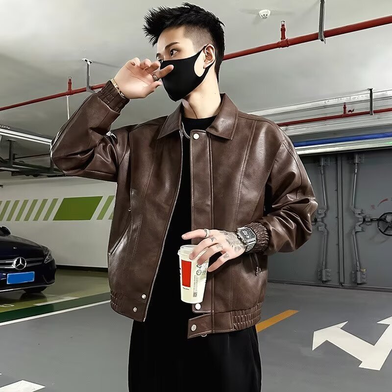 American Style Men's Leather Jacket Designer Jacket Spring Autumn Fashion Trendy Brand Cool Versatile Turn-down Collar Jacket New Men's Shor