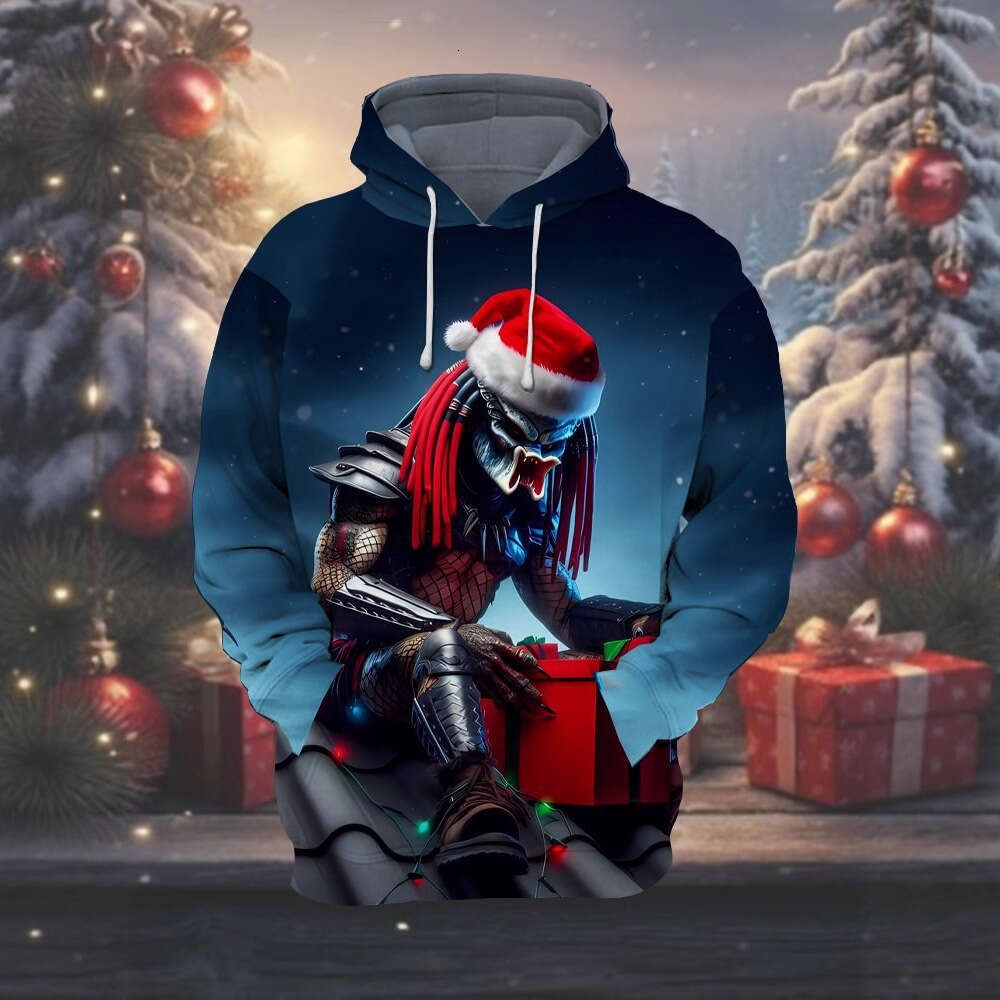 Mens Womens Christmas Elf Father Christmas Print Hoodie Casual Long Slve Sweatshirt with Pockets Winter