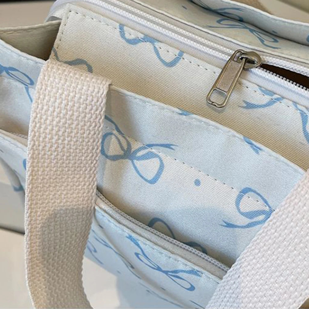Canvas Lunch Bag Thermal Insulation Lunch Box Storage Handbag with Handle Casual Bow Print Tote Bag Lightweight Hobo Bag Picnic 251029