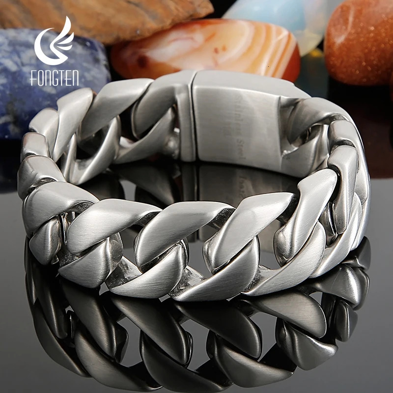 Fongten 22cm Cuban Chain Bracelets For Men Stainless Steel Shiny Brushed Bangle Bracelets Men Curb Gold Silver Color Jewelry 251028