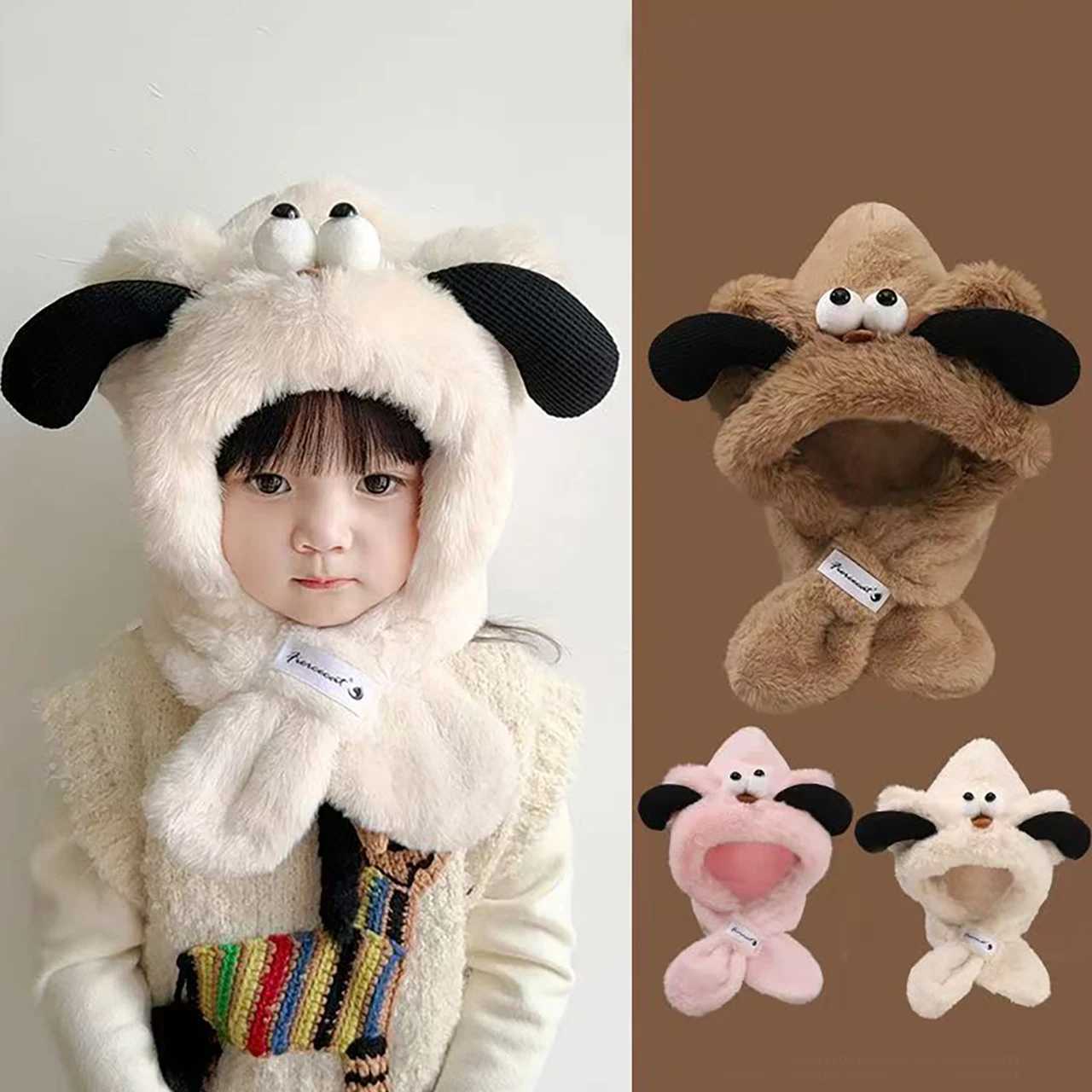 Winter Kids Plush Scarf Onepiece Hat Baby Thermal Headgear Cute Cartoon Children Cross Neckerchief AntiCold Pullover Cap 16Y251028