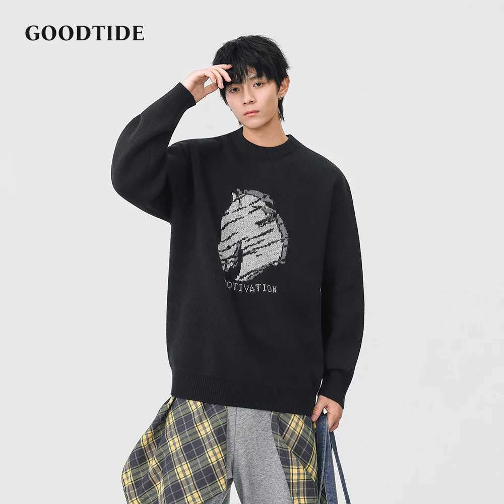 Fashion Mens Casual Crew Neck Sweater 2025 Winter New Horse Head Pattern Letter Print Knitted Pullover Soft Long Sleeve Top J251029