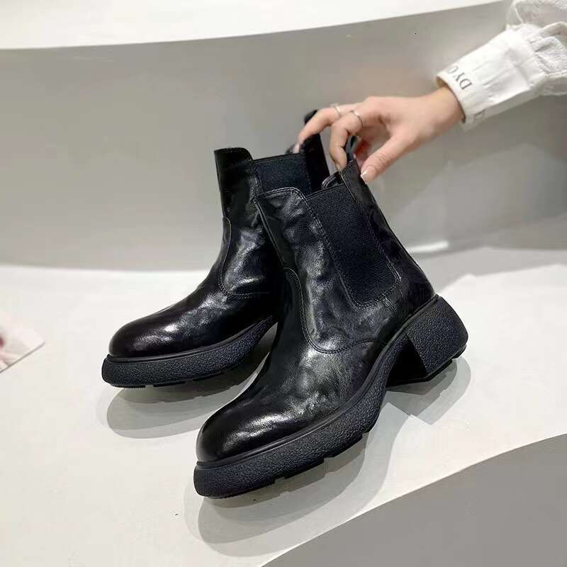 Genuine Leather Women's Autumn Winter New Thick Designer Shoe Sole Martin Textured Trendy Chelsea Short Boots