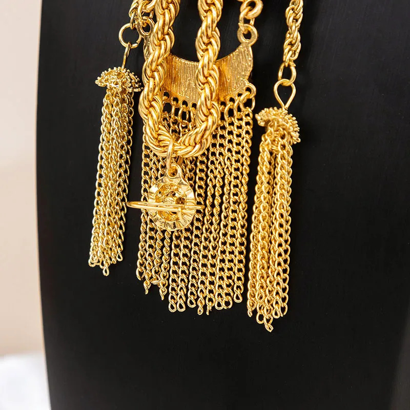 Fatima Store Bridal Chain Necklace Algerian Rhine Stone Arabic Gold Color Slit Tassel Pendant Jewelry Accessory 251028