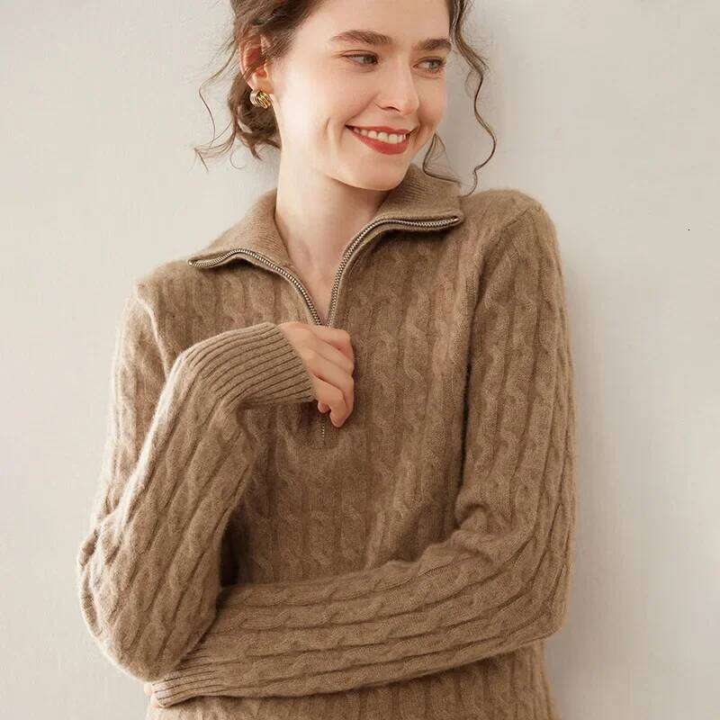 Women's Cashmere Knitted Base Shirt Full Body Twist Simple Versatile Half Zipper Loose Inner Soft Skin-Friendly Designer Sweater Women Bear Sweat