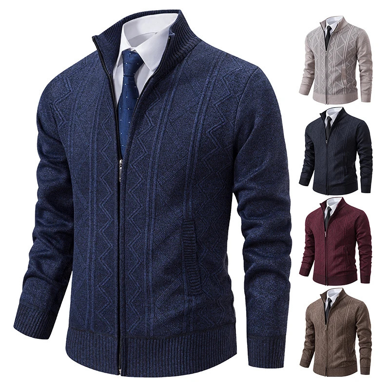 Thickened jacket mens autumn and winter warm trend line stand collar knitted cardigan sweater coat 251029