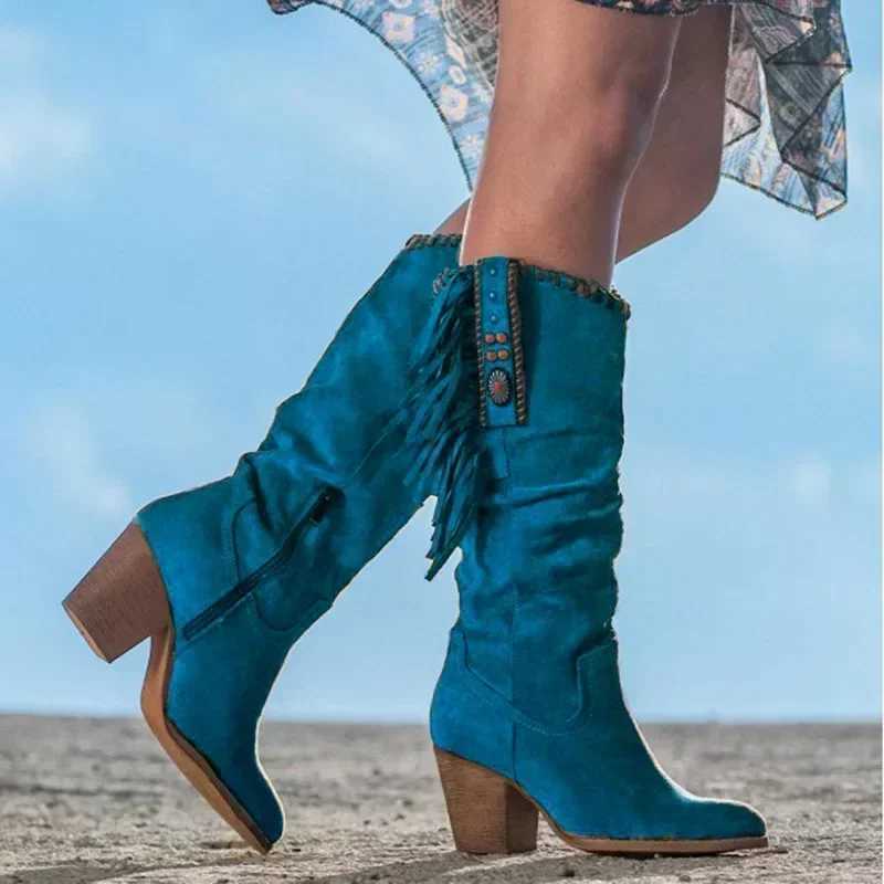 Retro Womens High Heel Boots Metal Buckle Pointed Toe Thick Heel Tassel Western Cowboy Women Boots 2025 Large Size Womens Shoes Z251029