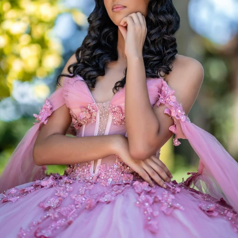 Pink Ball Gown Quinceanera Dresses Off The Shoulder Applique Bow Tull Beads Corset Party Birthday Sweet 16 Dress Vestidos 15 de anos