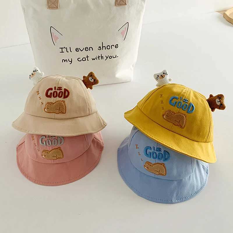 Cartoon Bear Baby Bucket Hat Solid Color Ear Infant Fisherman Cap Kawaii Embroidered Widebrim Kids Boy Girl Panama Sun Hats251028