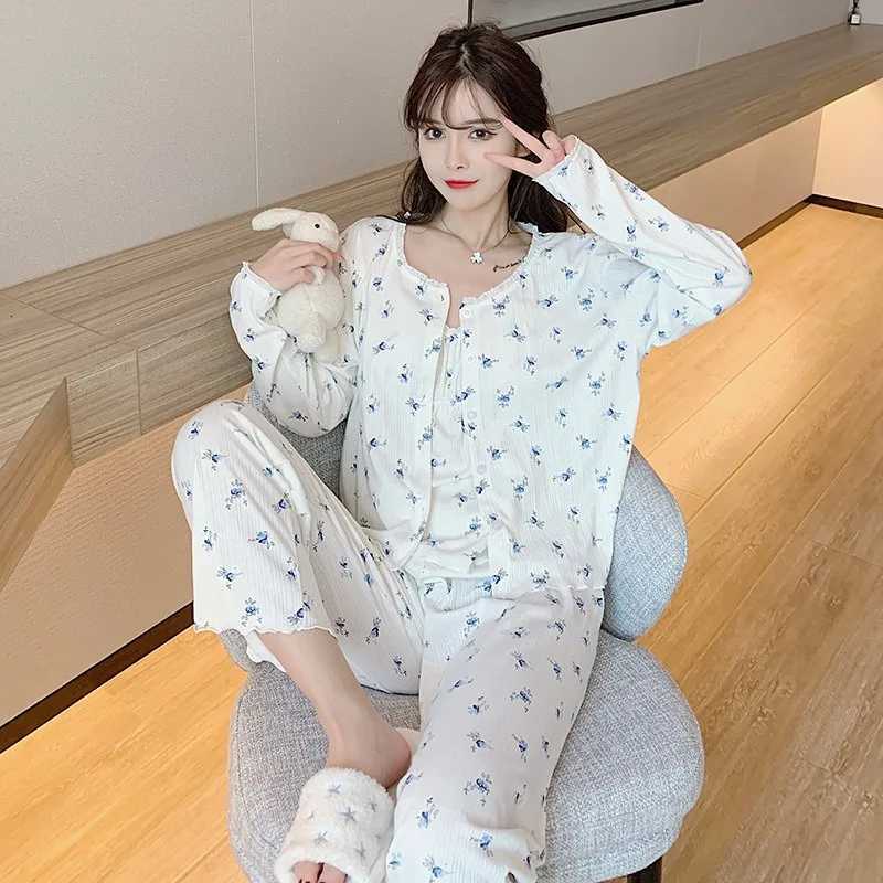 Three Piece Cotton Pajamas Women Long Sleeve Trousers Sexy Floral Student Loungewear Large Size Romantic Women Nightwear SexyT251029