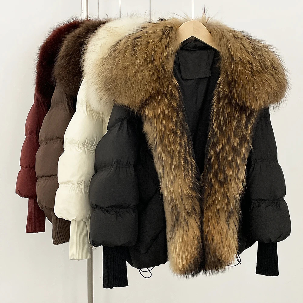 OFTBUY Large Real Raccoon Fur Winter Knit Sleeve Coat Puffer Jacket Women White Duck Down Oversize Feather 251014