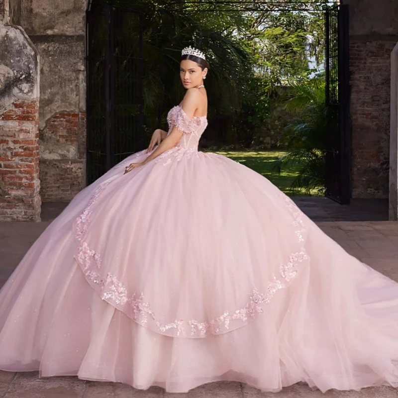 Pink Shiny Princess Off the Shoulder Sweet 16 Dress Quinceanera Dresses Applique Lace Beads Tull Party Birthday Vestidos 15 De
