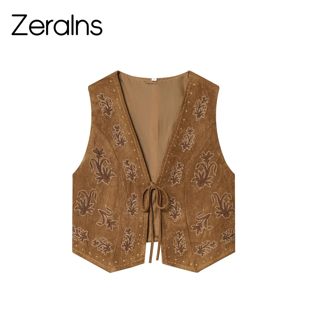 ZERAINS Autumn womens clothing European and American style bead embroidery suede texture effect vest 251029