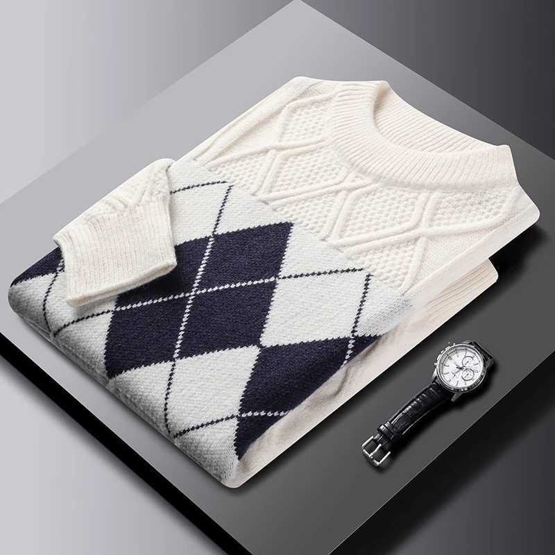 Personality checkered jacquard knitted mens sweater luxurious brand comfort warm new fashion color blocked round neck pullover J251029