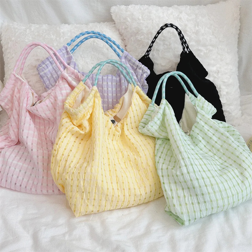 Womens Cute Bag Korean Version Swwet Style Macaron Hollowed Out Plaid Bag Shoulder Mini Bag Beach Tote Bag Nice Small Bag 251029