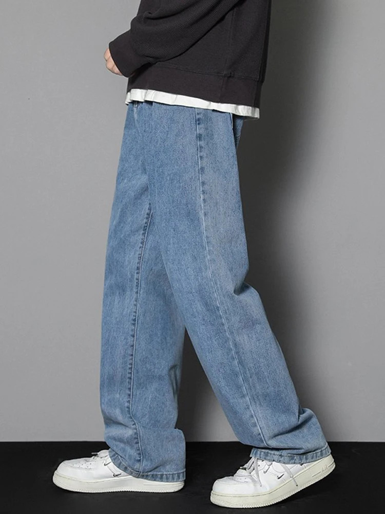 2025 Korean Mens Casual Long Jeans Classic Man Straight Denim Wideleg Pants Solid Color Light Blue Grey Black 251029