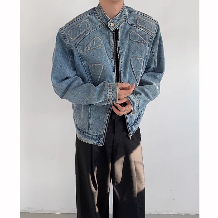 Korean Style Niche Short Three-dimensional Deconstructed Padded Shoulder Denim Jacket For Men Loose Fit Handsome Stand Collar Designer Jacket Motorcyc