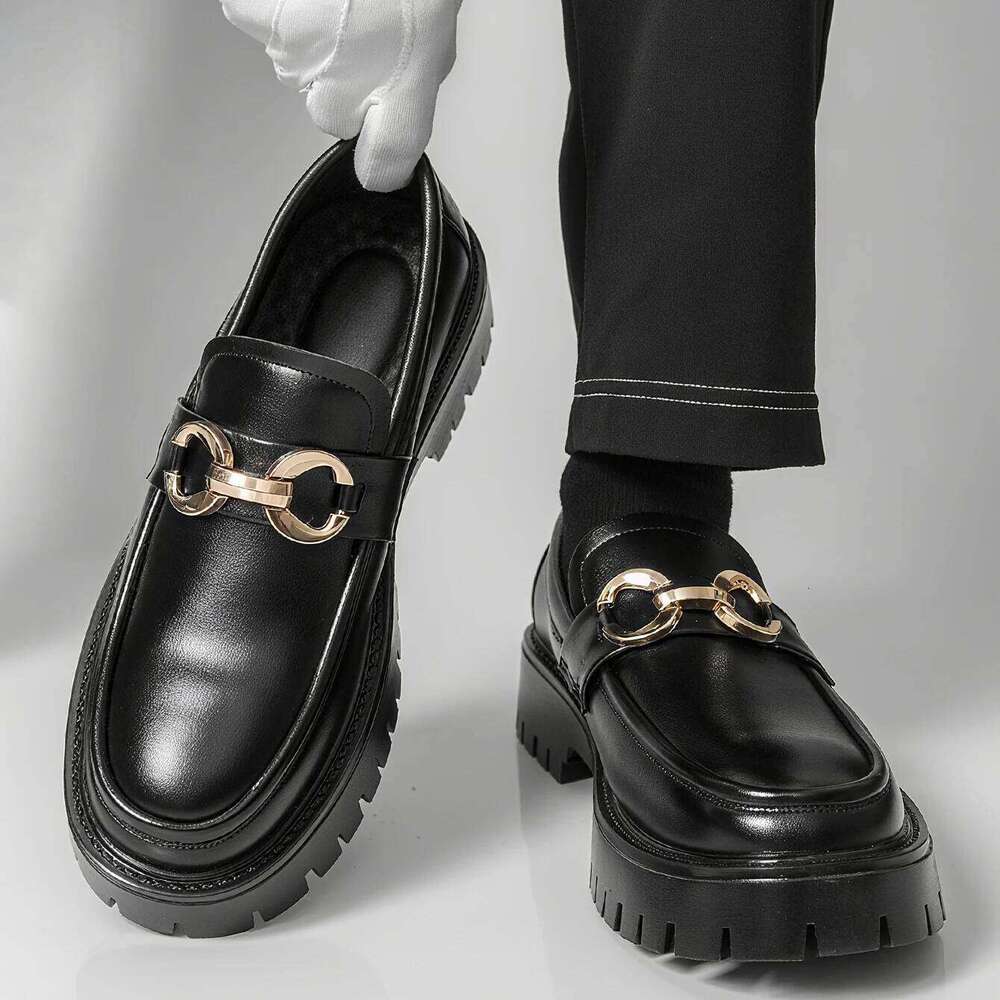 Fashion Classic Thick Sole Men's Penny Loafers Slip-On Business Dress for Gentleman Metal Buckle Formal Black Glossy Shoes