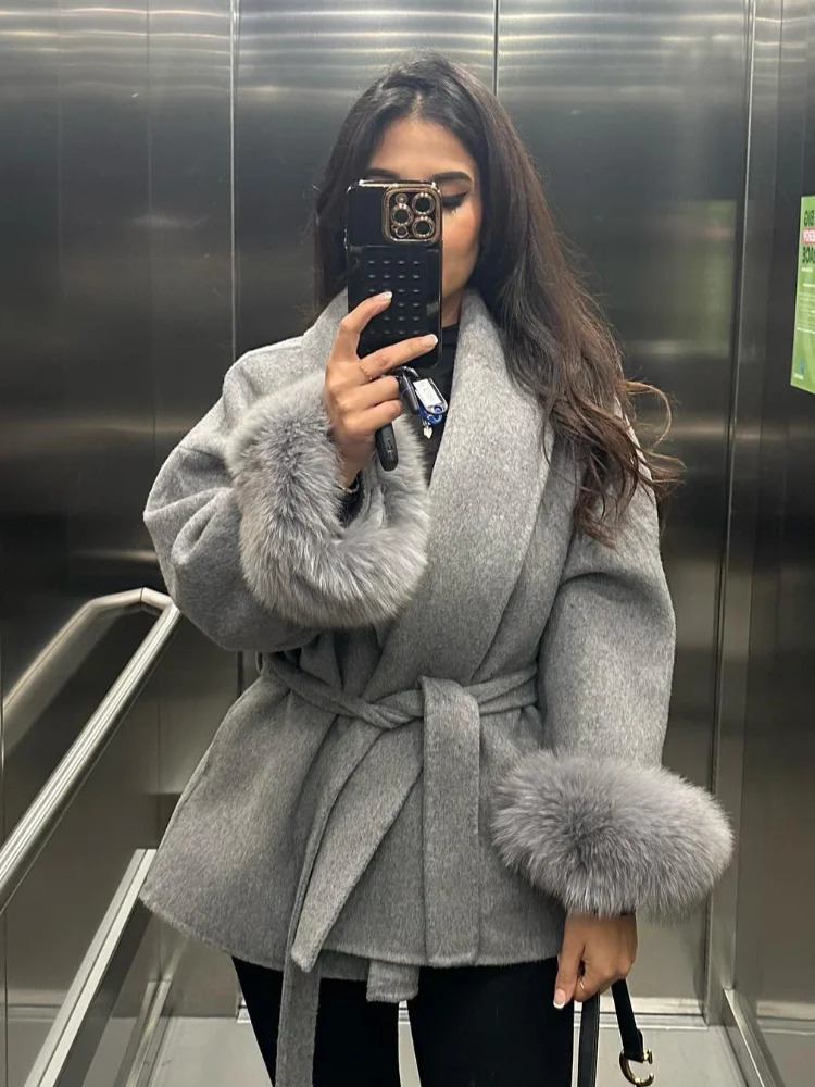 Elegant Faux Fur Sleeve Women Woolen Jacket With Belt Fashion Office Lady Outerwear Winter Lace Up Long Coats High Street 251028