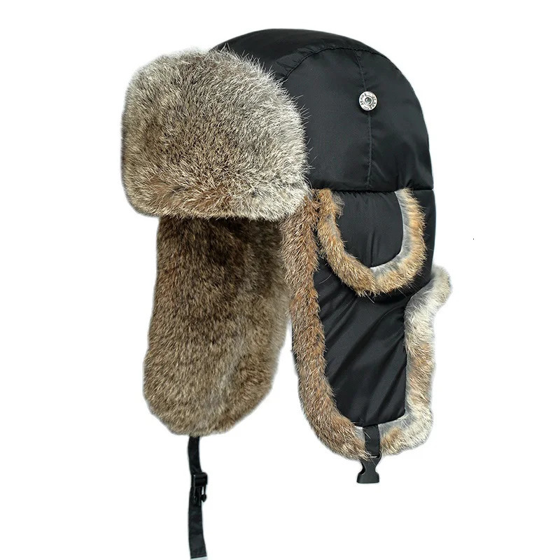 Russia Winter Real fur Hat Men Outdoor Windproof Super Warm Rabbit Fur Bomber Hats Natural Soft Caps 251013
