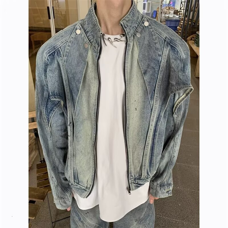 American Style Deconstructed Washed Vintage Designer Jacket Design Stand Collar Denim Jacket For Men Spring Autumn Trendy Brand Casual Loose Fit