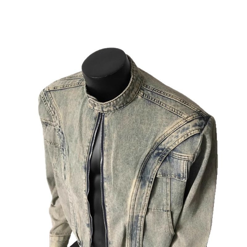 Spring And Autumn Designer Jacket Trendy Brand Deconstructed Heavy Washed Vintage Stand Collar Padded Shoulder Denim Jacket Men's Oversized Zippe