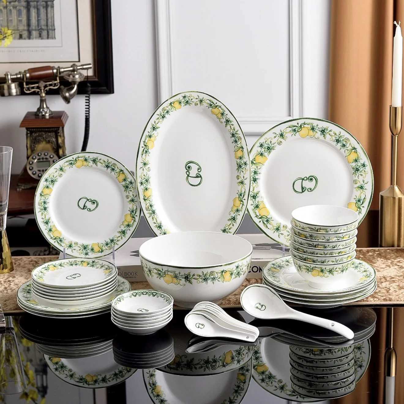 He Light Luxury Bone Porcelain Tableware Set Dishes Household 36ed Package Hotel Clubhouse Dishes Set Y251028