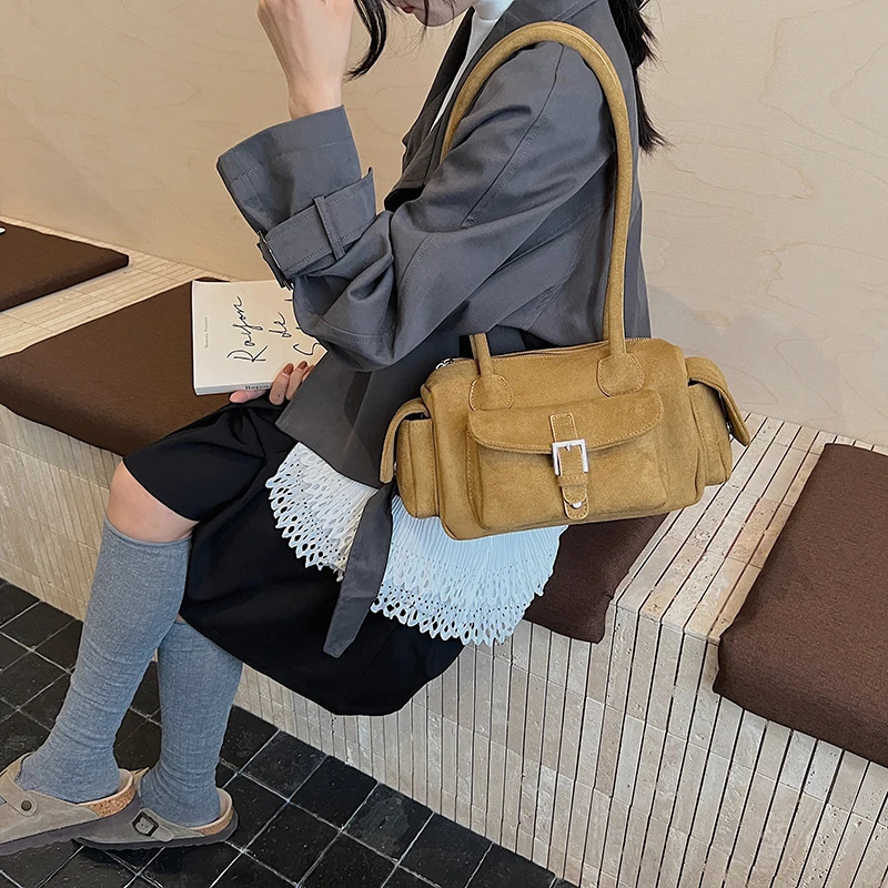 Multipockets Mini Shoulder Bags For Women Faux Suede Pure Color Satchels Bag Autumn Casual Street Small Square Handbag 251029