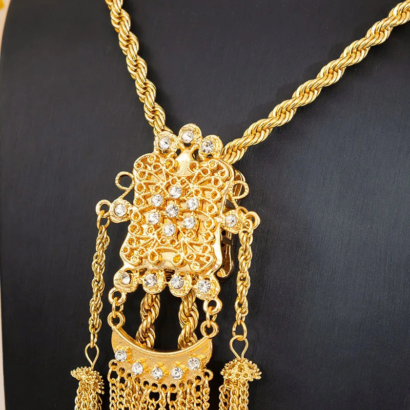 Fatima Store Bridal Chain Necklace Algerian Rhine Stone Arabic Gold Color Slit Tassel Pendant Jewelry Accessory 251028
