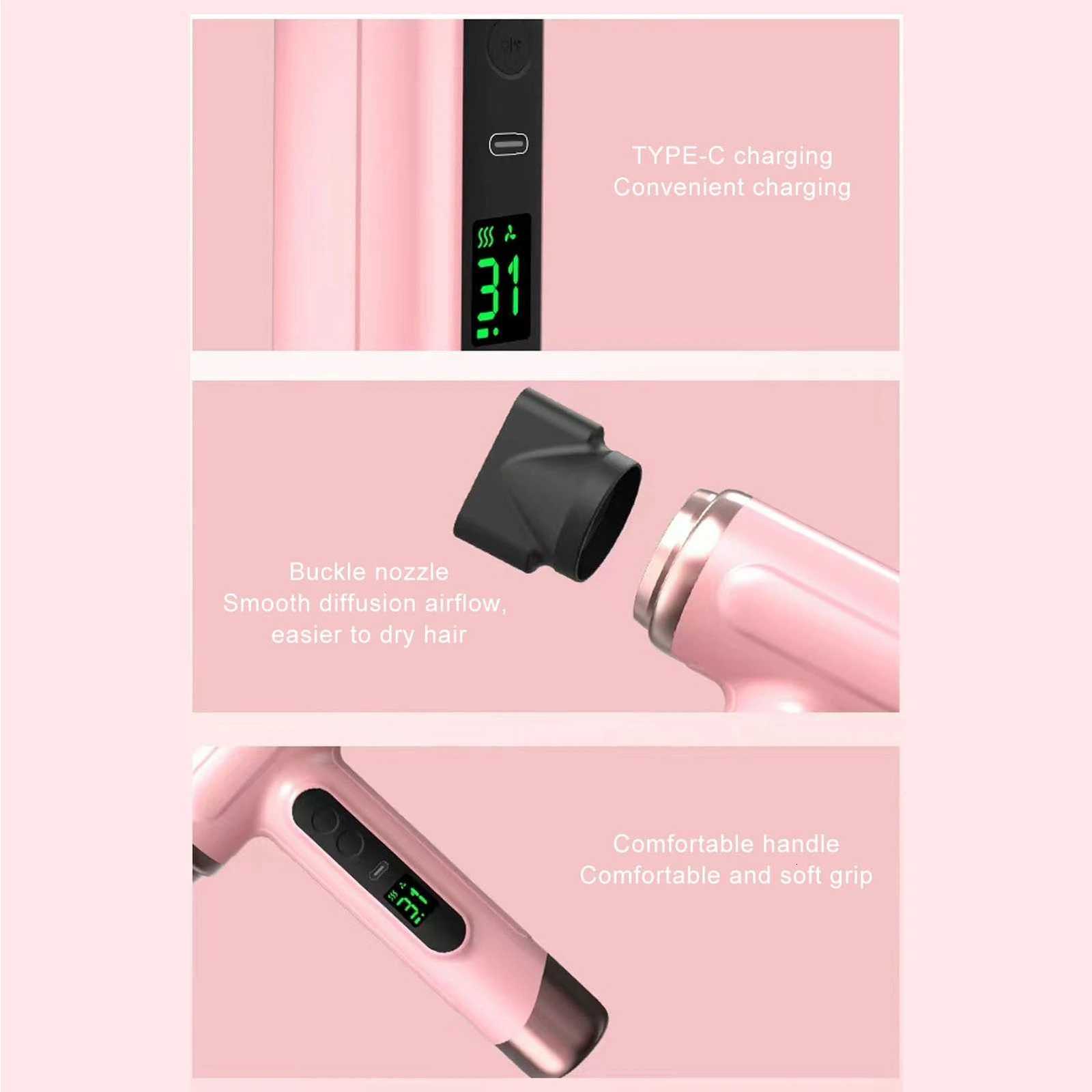 Hot and Cold Air Hair Dryer USB Rechargeable Ergonomic Grip Portable Hair Dryer 5000mAh Lightweight 200W for Dormitory W251029