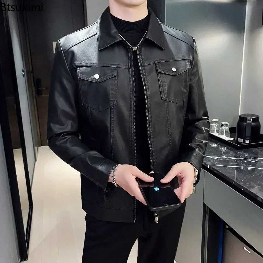 High Quality Mens PU Leather Jackets Fashion Motorcycle Coats Solid Slim Business Leather Tops Autumn Winter Warm Men ClothingT251029