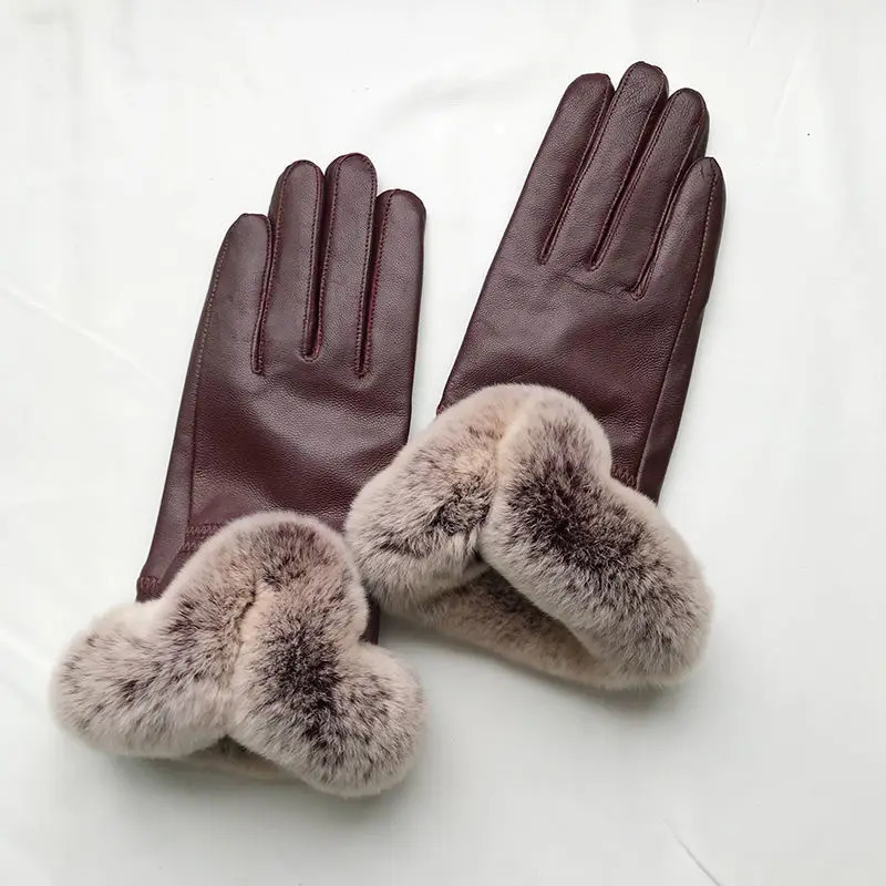 Women Winter Genuine Sheepskin leather Glove With Rex Rabbit Fur Cuff Warm Female Leather Gloves Hand Warmer 251013
