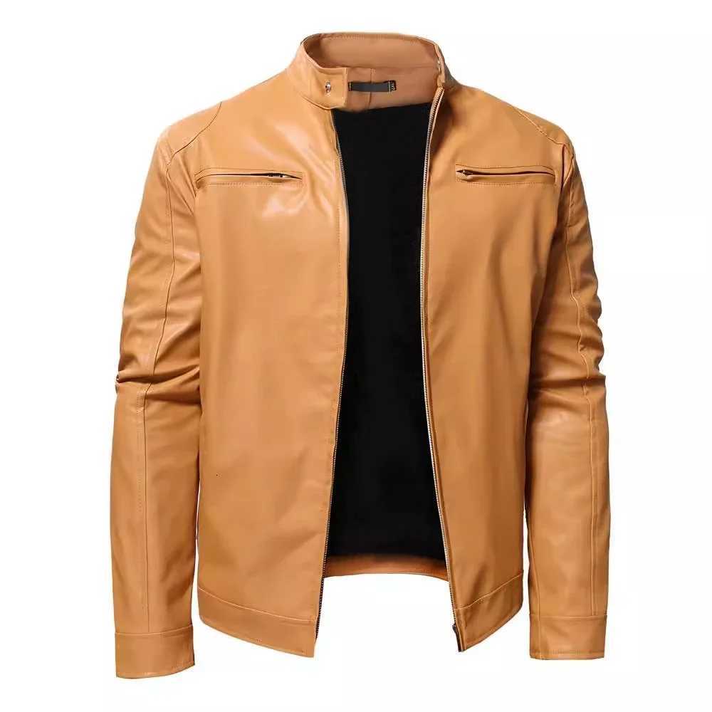 Autumn Mens Stand Collar Jacket Coat Black Leather Motorcycle Jacket Solid Color Zipper Streetwear Winter Warm Biker Jacket MenT251029
