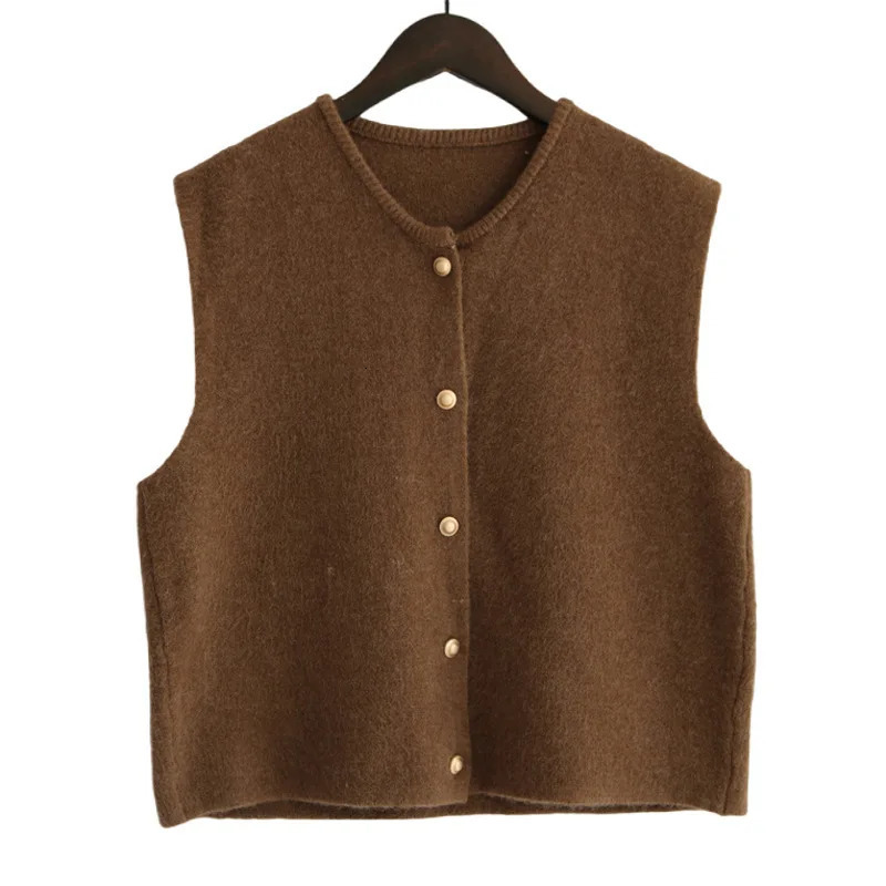 In 2025 Womens Spring Autumn Solid Color Sleeveless Sweater Vest Trendy Stacked Waiver Single Breasted Cardigan Waistcoats 251029