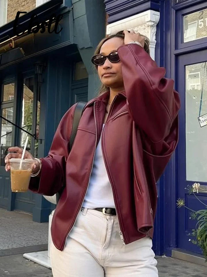 Fashion Red Wine Leather Jacket Women Loose Lapel Zippers Long Lantern Sleeve Coats 2025 Autumn Female Vintage Outwears 251029