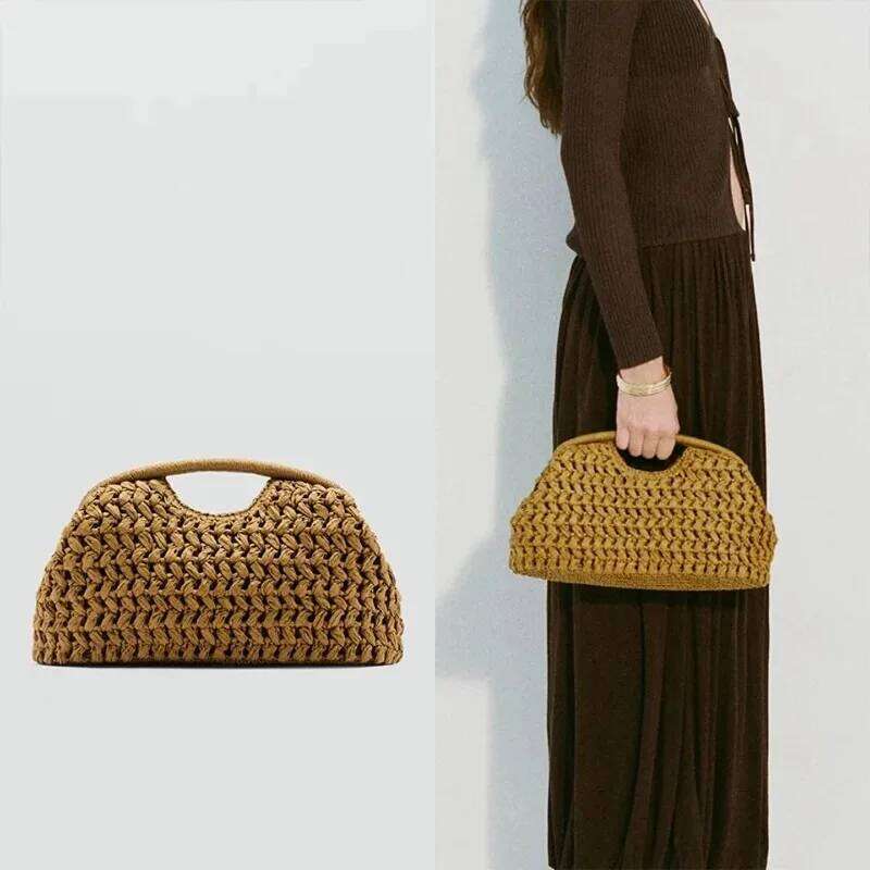 Summer Straw Women Woven Clutch Purse Rattan Handmade Handle Boho Ladies Travel Beach Versatile Kintted Tote Bag
