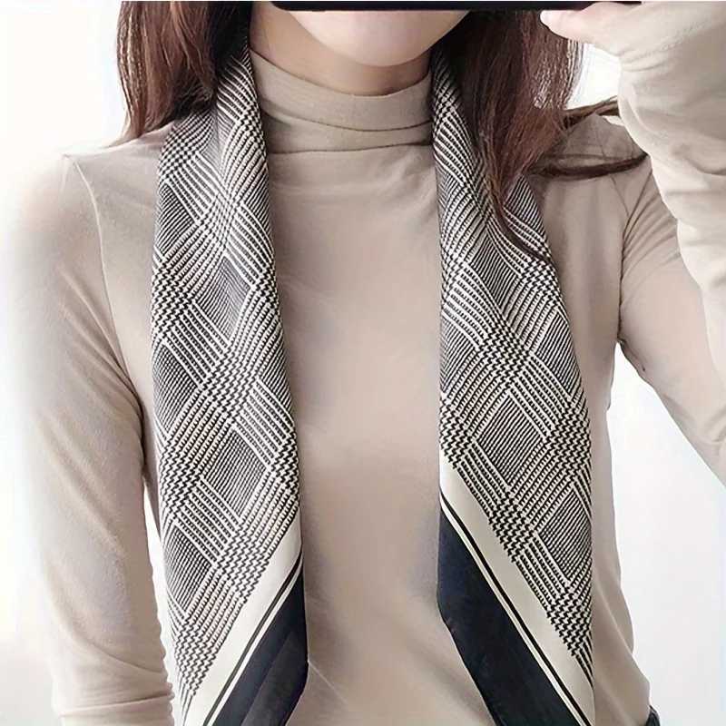 2758 Black Gray Houndstooth Square Scarf Boho Thin Silk Feeling Neck Scarf Professional Decorative Small Scarf For WomenW251029