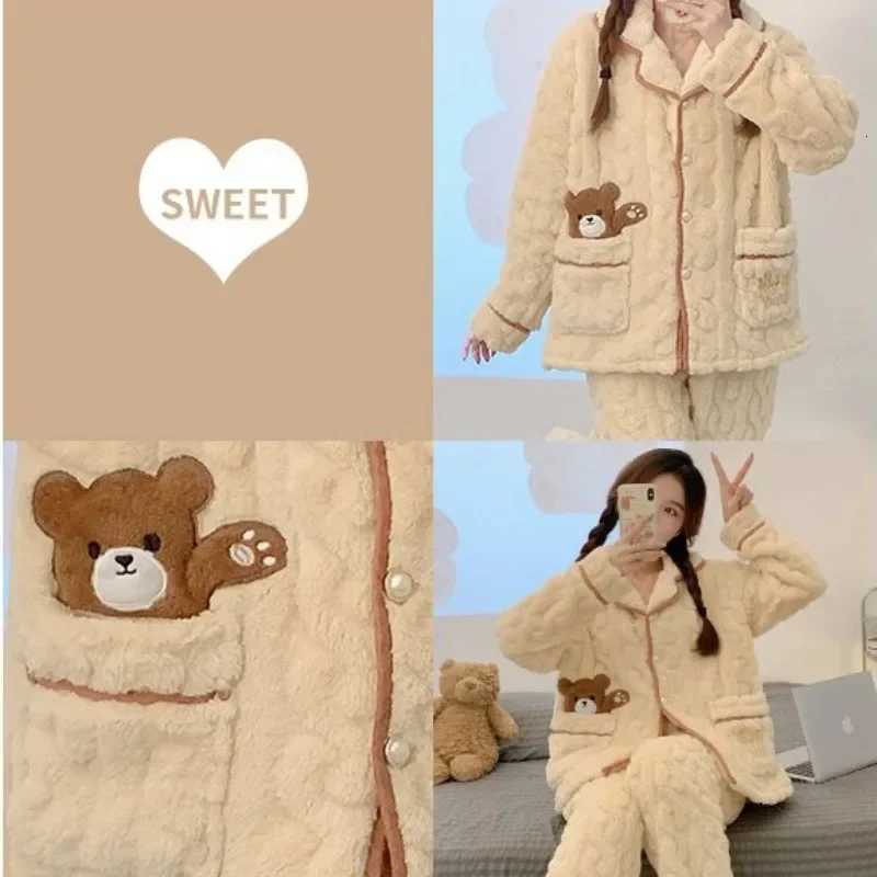 Women Pajamas Thickened Warm Coral Plush Girls Loungewear Sets Cartoon Autumn Winter Famale Sleep Clothes Flannel Homewear SuitT251029