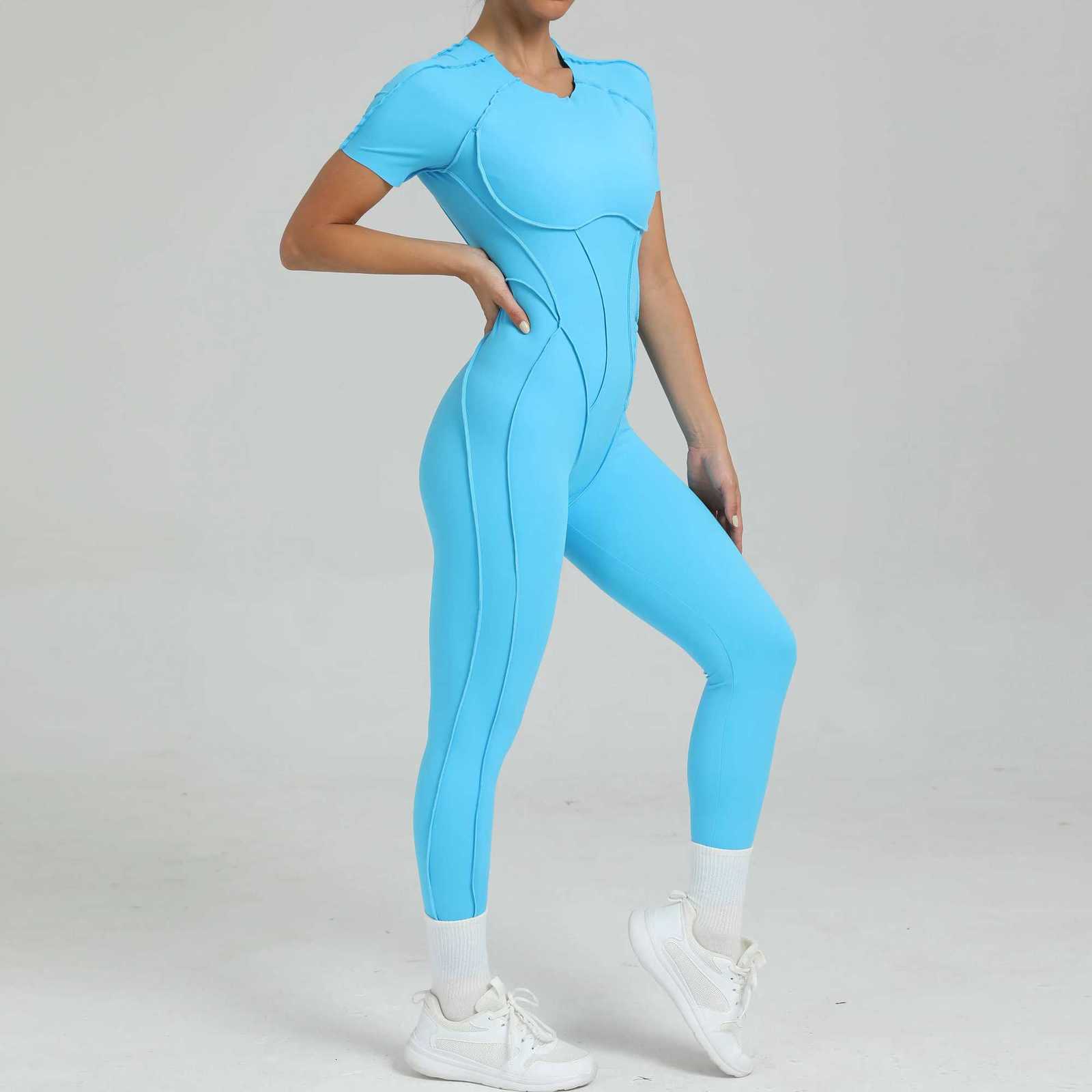 Womens OnePiece Suit Zipper Short Sleeve Gym Push Up Workout Clothes Fitness Short Bodysuit Sportswear JumpsuitsXJ251029